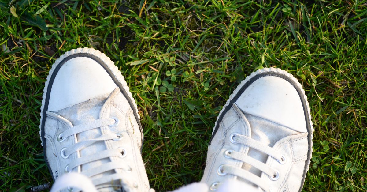 Zwei weiße Stoffsneaker mit leicht vergilbter Gummisohle, von oben fotografiert, während die Person auf einer Wiese steht.