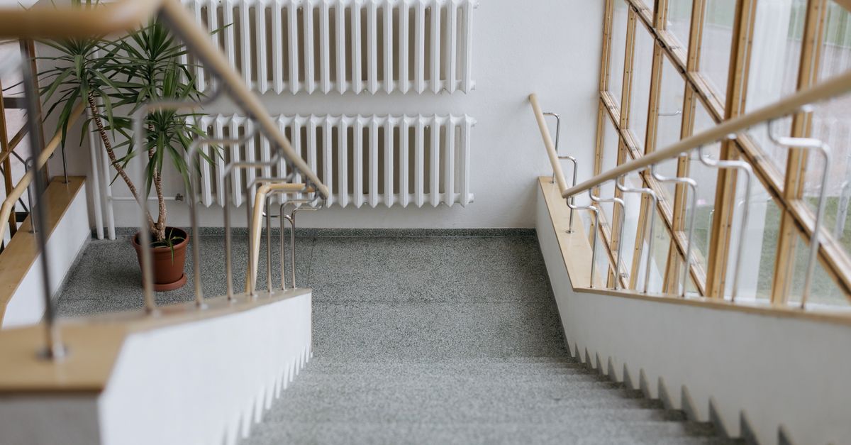 Ein Treppenhaus mit weißem Heizkörper an der Wand neben einer Grünpflanze.