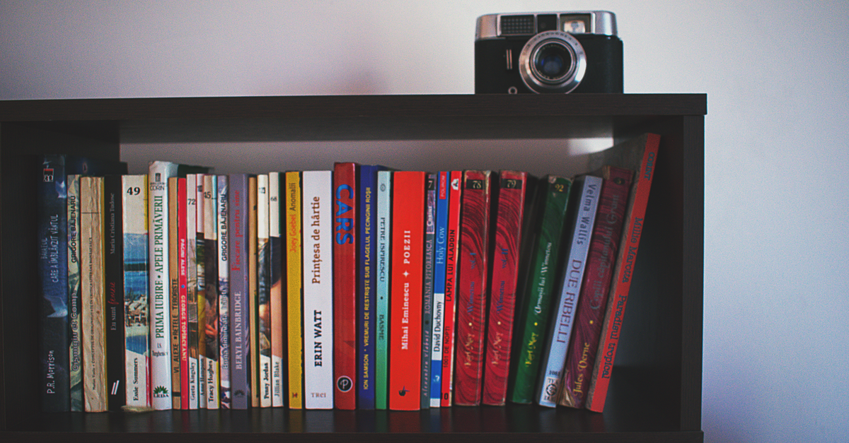 Ein dunkles Wandregal mit einer Reihe bunter Bücher und einer alten Kamera darauf, vor heller Wand montiert.