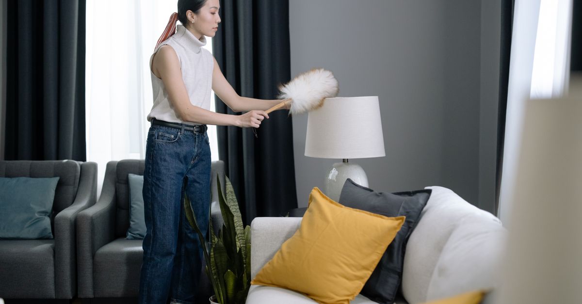 Eine Frau staubt mit einem Federwedel eine Lampe im Wohnzimmer ab, im Hintergrund ein Sofa mit Kissen und ein Fenster mit Vorhängen.