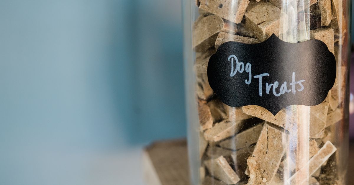 Nahaufnahme eines mit Keksen gefüllten Glasbehälters mit einem handbeschrifteten Etikett „Dog Treats“.